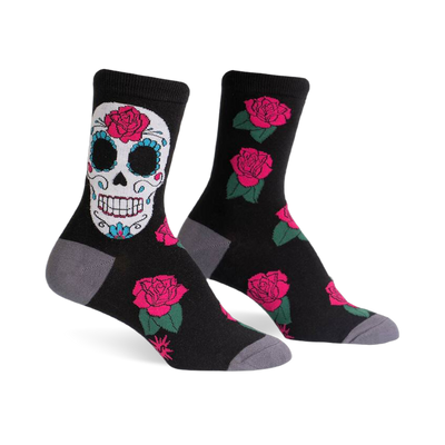 Black crew socks with a colorful sugar skull and pink roses. Grey cuffs add a subtle contrast.