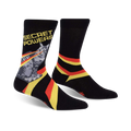 Crew socks in black with yellow and red stripes.  A gray cat shooting lasers from its eyes is featured, along with the words 'Secret Powers'.
