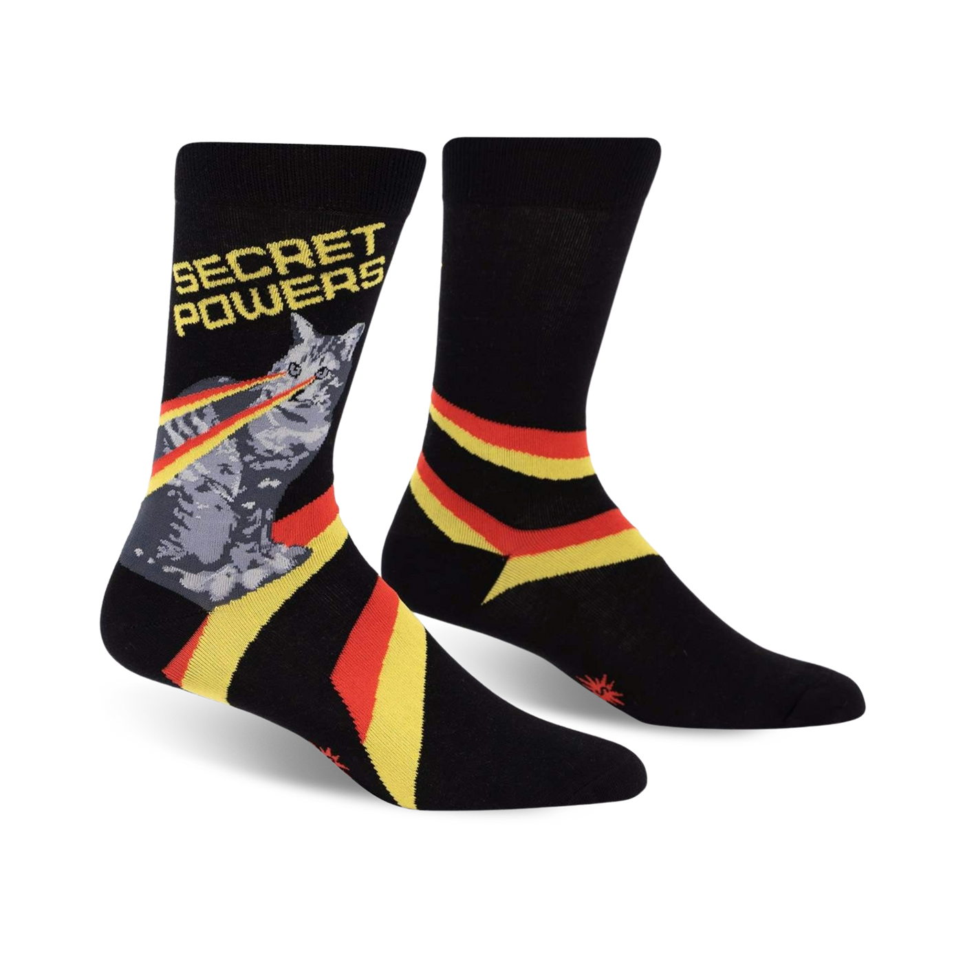Crew socks in black with yellow and red stripes.  A gray cat shooting lasers from its eyes is featured, along with the words 'Secret Powers'.