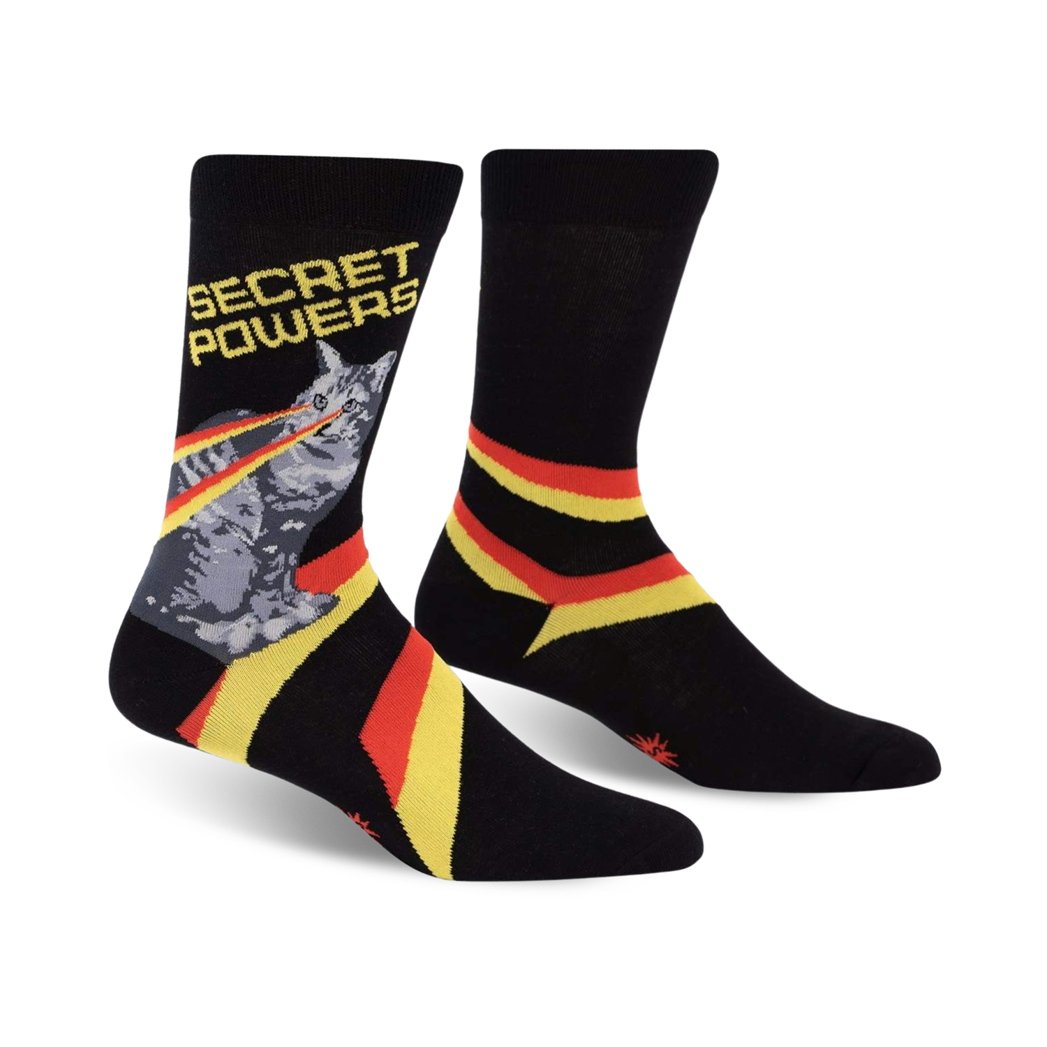 Crew socks in black with yellow and red stripes.  A gray cat shooting lasers from its eyes is featured, along with the words 'Secret Powers'.