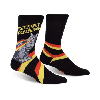 black crew socks with a grey cat wearing a red cape and shooting a rainbow laser beam from its eyes with the words "secret powers" written above the cat.   