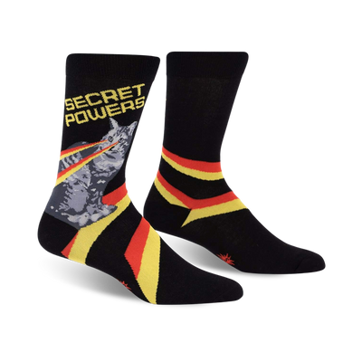 black crew socks with a grey cat wearing a red cape and shooting a rainbow laser beam from its eyes with the words "secret powers" written above the cat.   