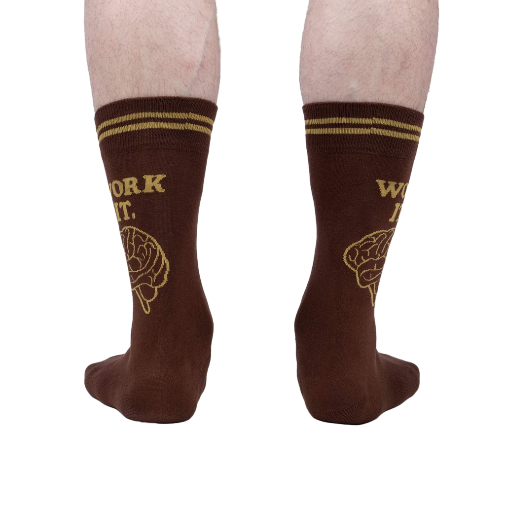 Rear view of a pair of brown 'Work It' socks.