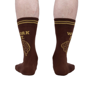 Rear view of a pair of brown 'Work It' socks.