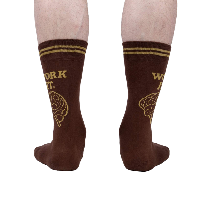 Rear view of a pair of brown 'Work It' socks.
