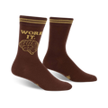 Brown crew socks with gold stripes at the top and a gold brain graphic and 'WORK IT' text.