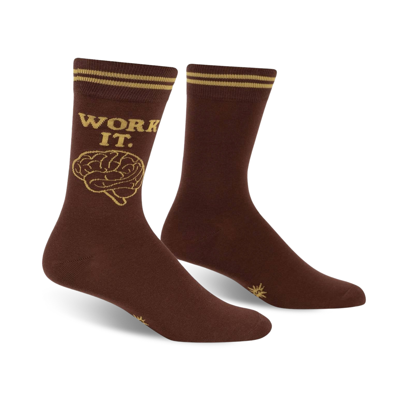 Brown crew socks with gold stripes at the top and a gold brain graphic and 'WORK IT' text.