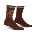 Brown crew socks with gold stripes at the top and a gold brain graphic and 'WORK IT' text.