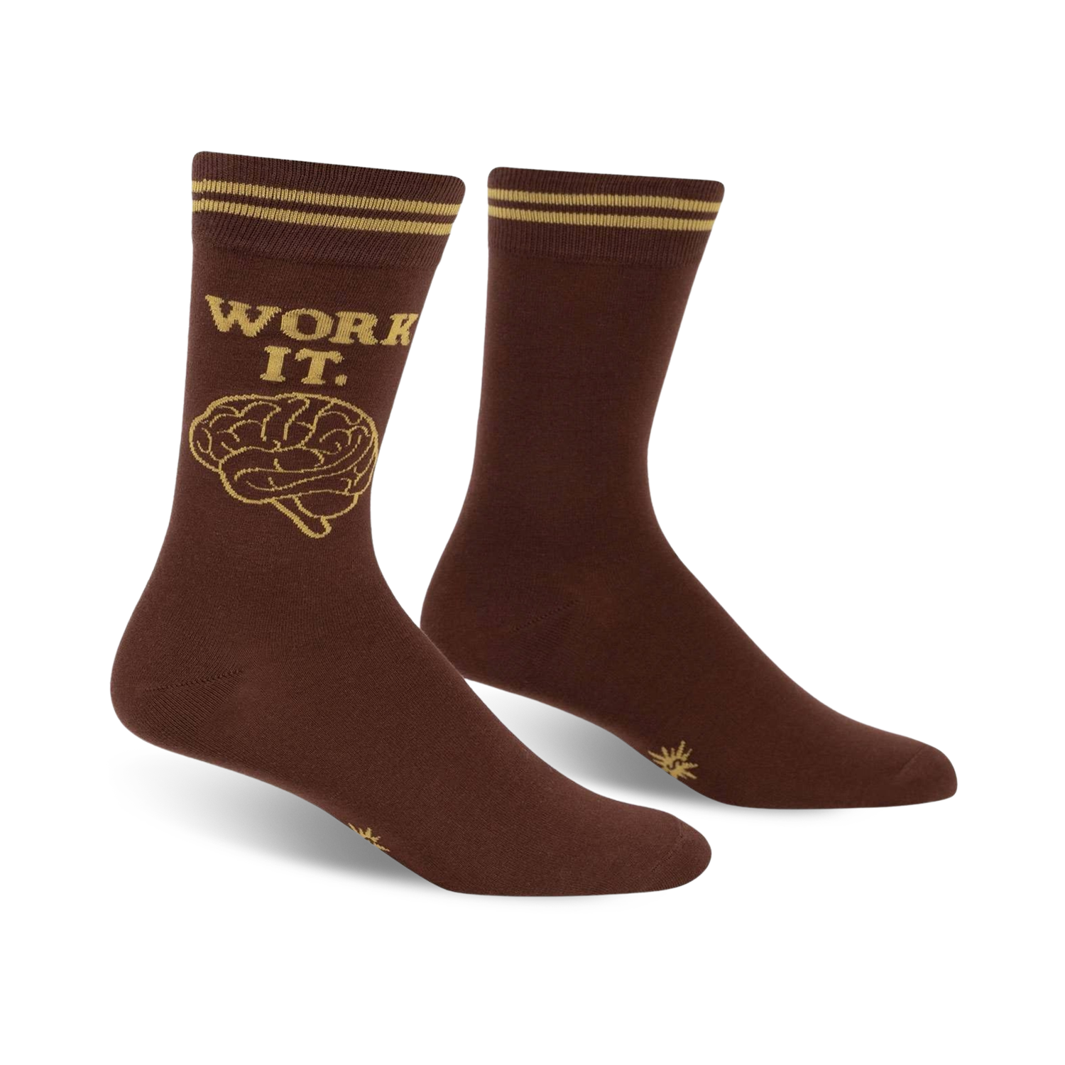 Brown crew socks with gold stripes at the top and a gold brain graphic and 'WORK IT' text.