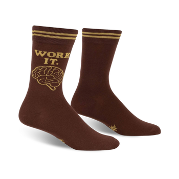 brown crew socks with gold letters read "work it" with gold toe, heel, and two stripes.  