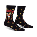 Black crew socks with an Old Fashioned cocktail graphic and 'Call Me Old Fashioned' text. Red, gold, and yellow details on a black background.