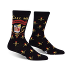 Black crew socks with an Old Fashioned cocktail graphic and 'Call Me Old Fashioned' text. Red, gold, and yellow details on a black background.