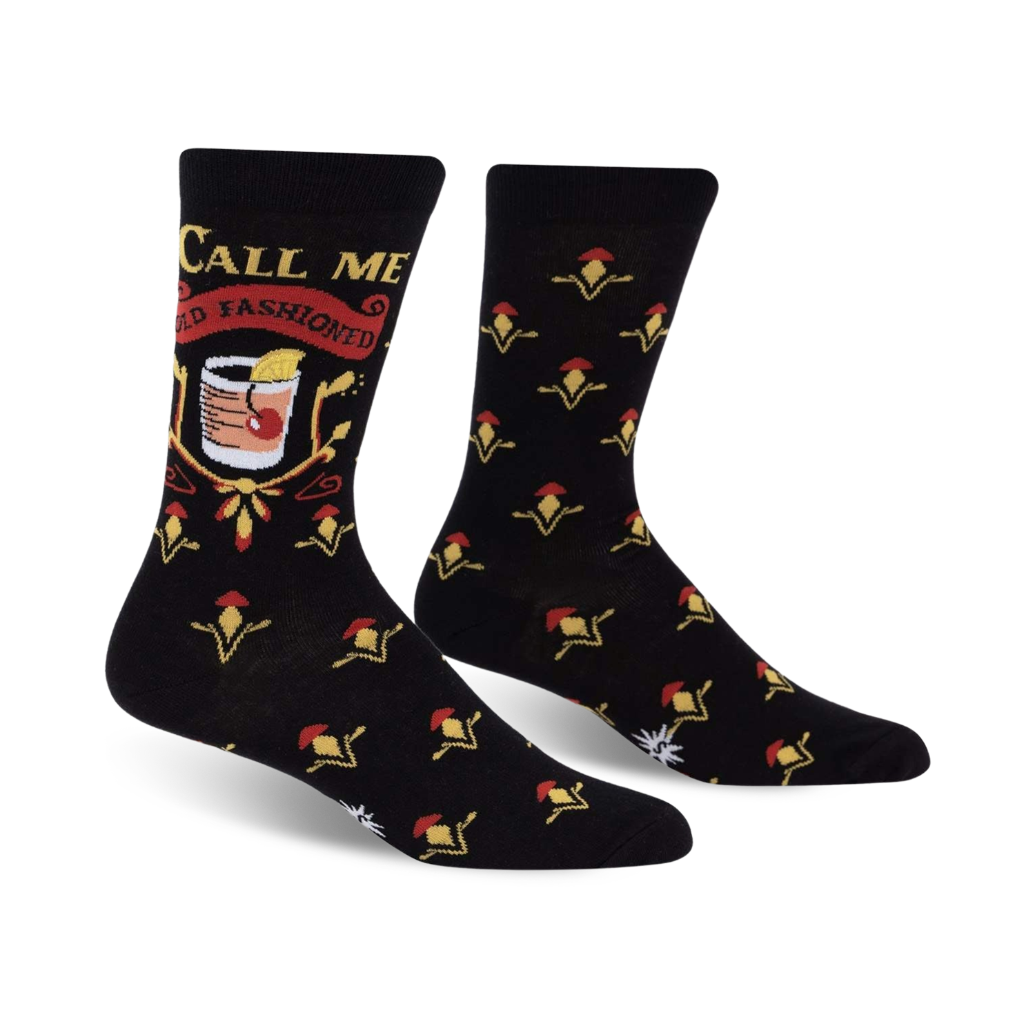 Black crew socks with an Old Fashioned cocktail graphic and 'Call Me Old Fashioned' text. Red, gold, and yellow details on a black background.