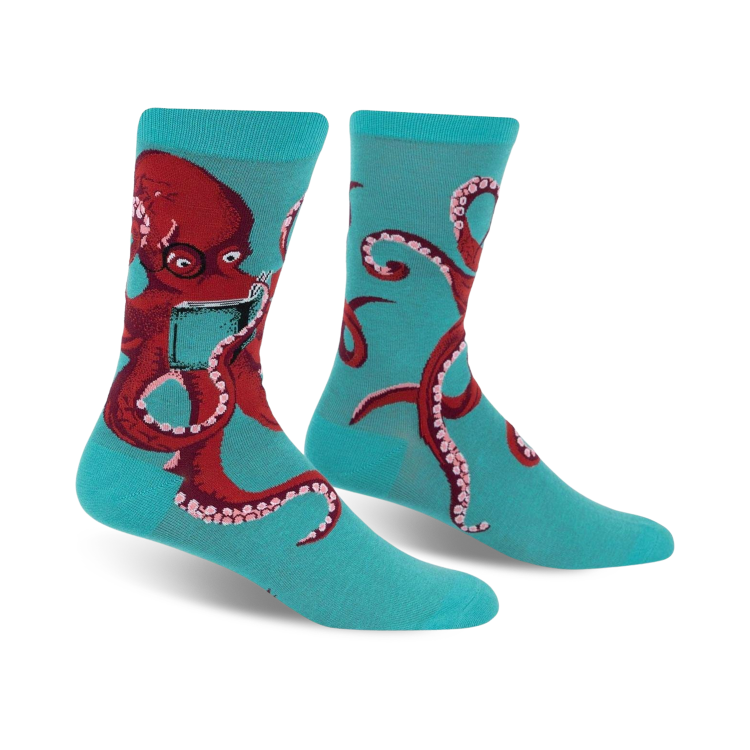 Pair of crew socks; teal background with a red octopus wearing glasses and reading a book; playful design.