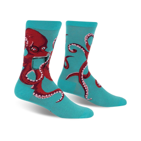 turquoise crew socks with allover pattern of red octopuses wearing glasses reading a book.  