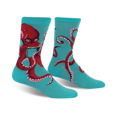 turquoise crew socks with allover pattern of red octopuses wearing glasses reading a book.  