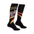Pair of black knee-high socks. Features a grey cat shooting laser beams, 'SECRET POWERS' text, and diagonal red-yellow-gold stripes.