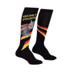 Pair of black knee-high socks. Features a grey cat shooting laser beams, 'SECRET POWERS' text, and diagonal red-yellow-gold stripes.