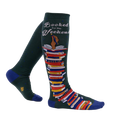 Lifestyle shot of a person wearing the 'Booked for the Weekend' knee-high socks, showing how they look when worn.