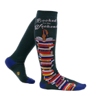 Lifestyle shot of a person wearing the 'Booked for the Weekend' knee-high socks, showing how they look when worn.