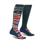 Pair of dark green knee-high socks with a colorful stack of books and the text 'Booked for the Weekend'. Blue accents at the cuffs.