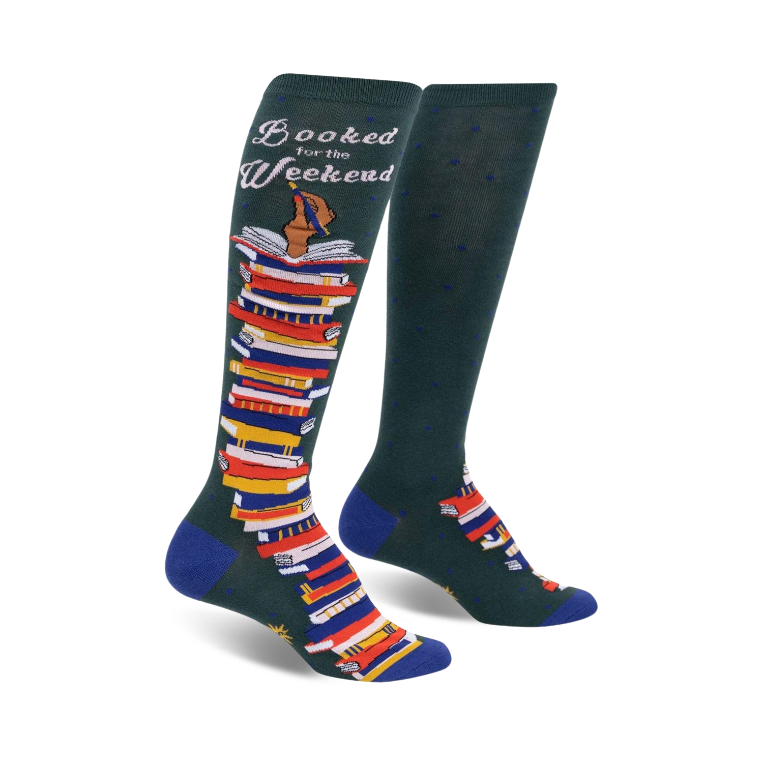 Pair of dark green knee-high socks with a colorful stack of books and the text 'Booked for the Weekend'. Blue accents at the cuffs.