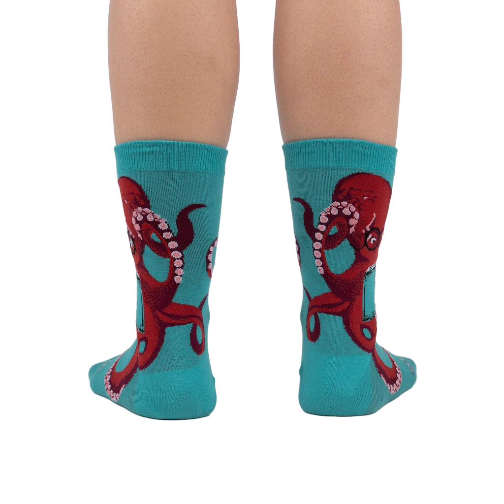 Rear view of The Octive Reader socks showing the full octopus design on both socks.