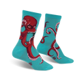 Crew socks in teal featuring a red octopus reading a book.  Fun, quirky design with whimsical details.