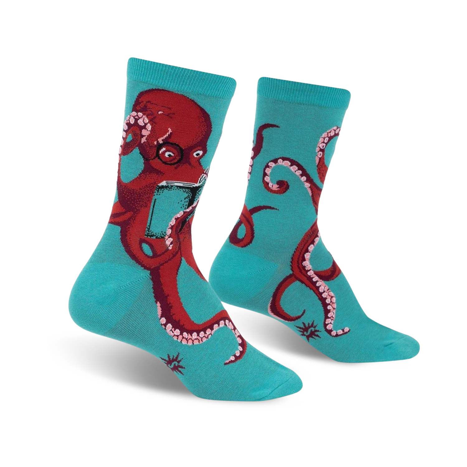 Crew socks in teal featuring a red octopus reading a book.  Fun, quirky design with whimsical details.