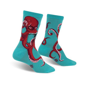 turquoise socks with red octopuses wearing glasses reading books. crew length. for women.   