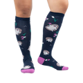 Lifestyle photo showing the 'Rollin' with my Hedgehog' knee-high socks on a person's legs against a white background.