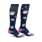 Pair of navy blue knee-high socks with a repeating pattern of cute hedgehogs and pink flowers.  Pink heel and toe.