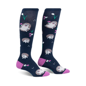 knee high dark blue womens socks with multicoloured pattern of hedgehogs wearing party hats sunglasses holding flowers. pink toes heels.  