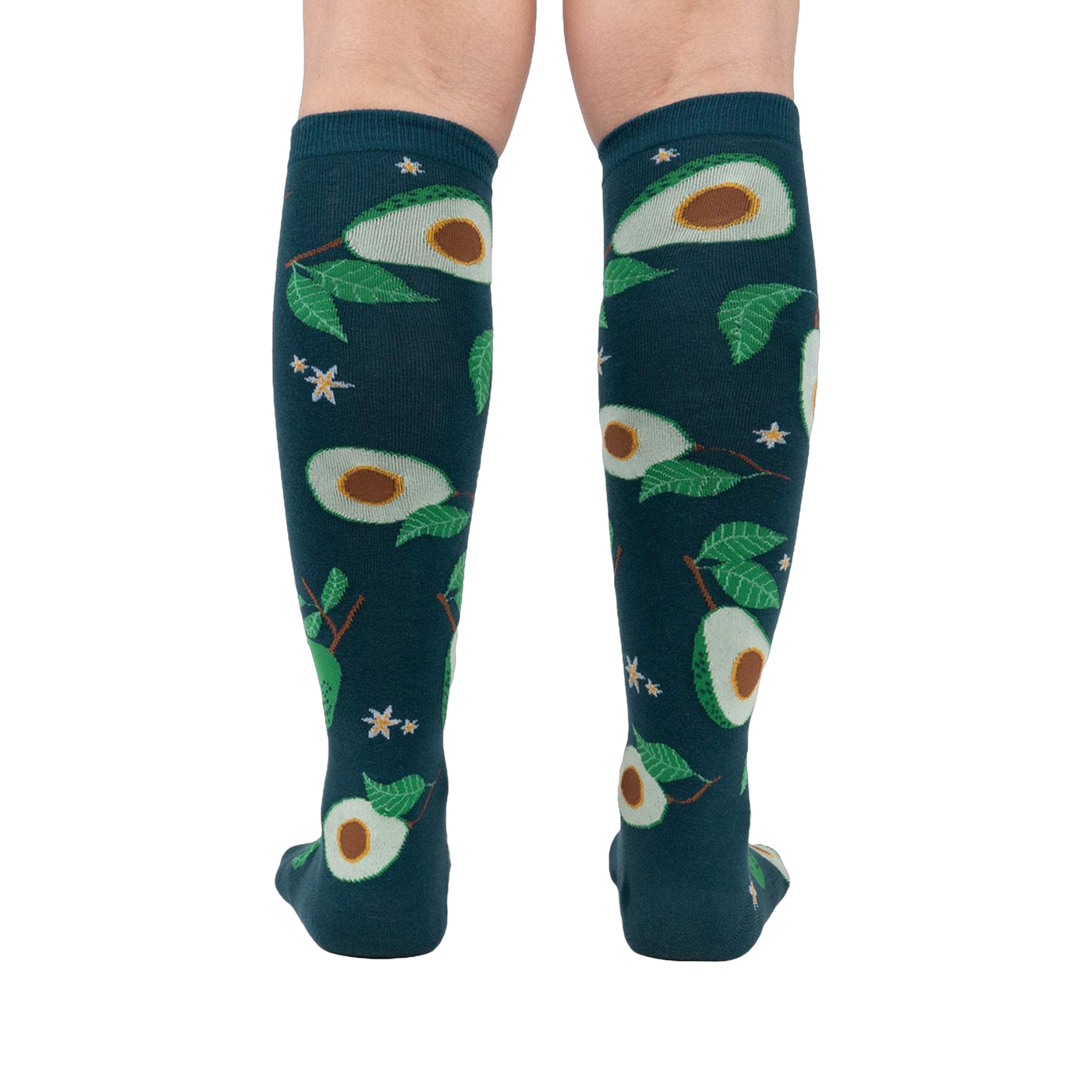 Back view of the teal avocado knee-high socks on a person's legs.