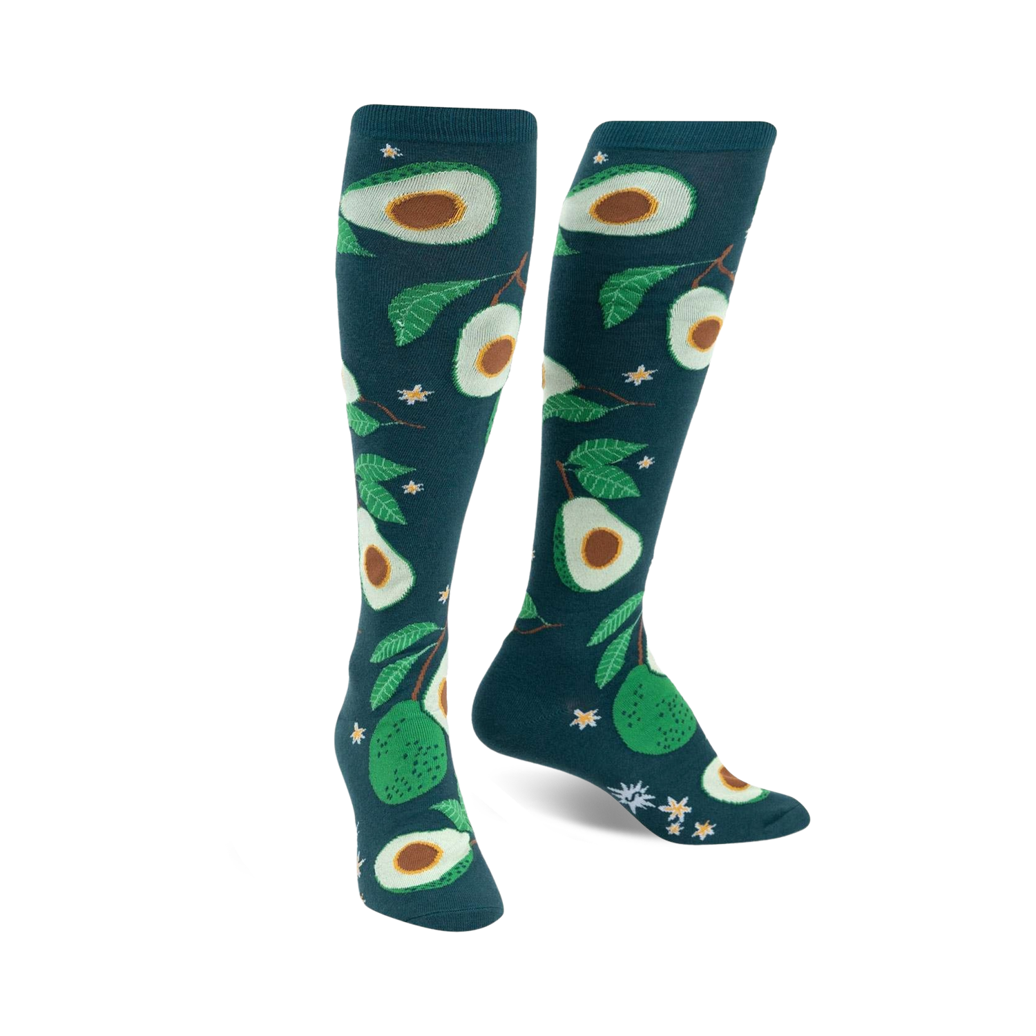 Pair of teal knee-high socks with a fun avocado and leaf pattern. The avocados are various shades of green.