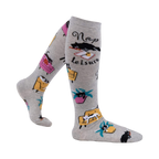 Lifestyle shot of a person wearing the 'Nap Leisure' knee-high socks, showcasing the design and fit.