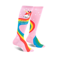 Pair of pink knee-high socks featuring a rainbow, unicorn, and the text 'Pink is my power color'.