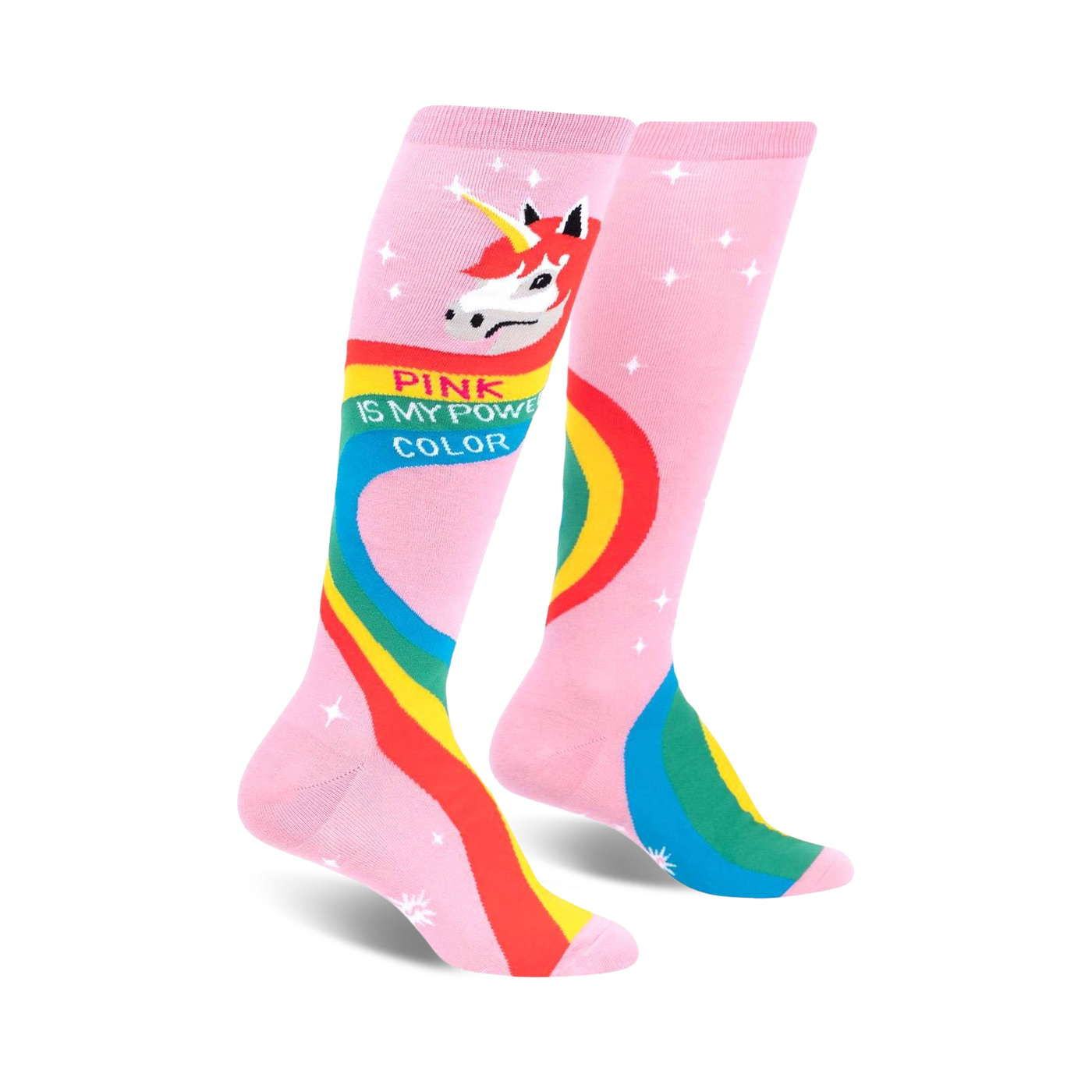 Pair of pink knee-high socks featuring a rainbow, unicorn, and the text 'Pink is my power color'.