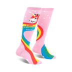 Pair of pink knee-high socks featuring a rainbow, unicorn, and the text 'Pink is my power color'.