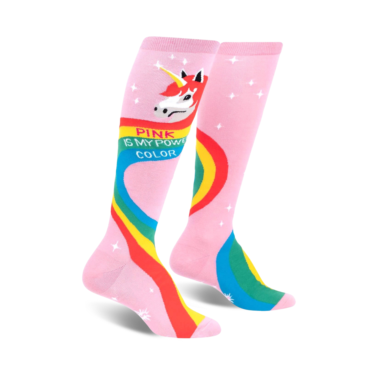 Pair of pink knee-high socks featuring a rainbow, unicorn, and the text 'Pink is my power color'.