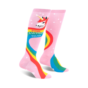  pink knee-high unicorn socks for women with rainbow mane and tail. text reads 'pink is my power color'.   