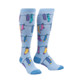 Flat lay product shot of a pair of Socks on Socks knee-high socks, highlighting the details of the fun socks-on-a-clothesline design.