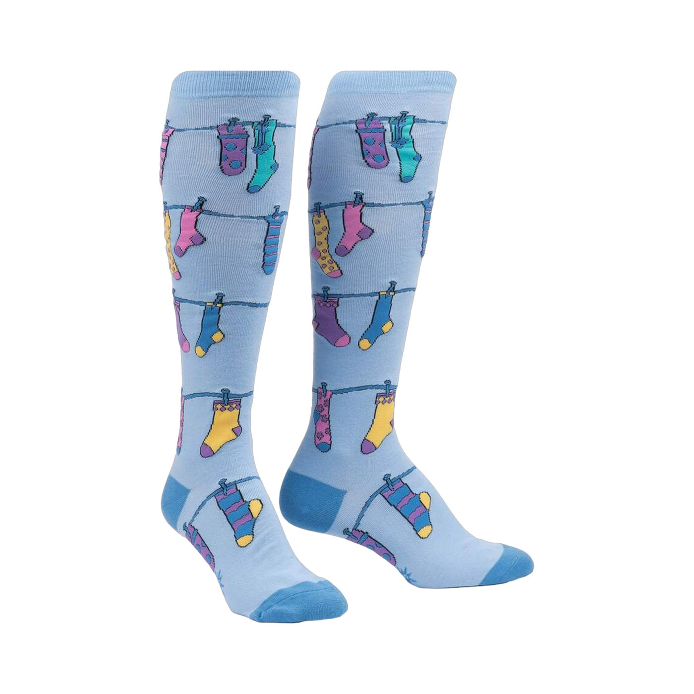 Flat lay product shot of a pair of Socks on Socks knee-high socks, highlighting the details of the fun socks-on-a-clothesline design.