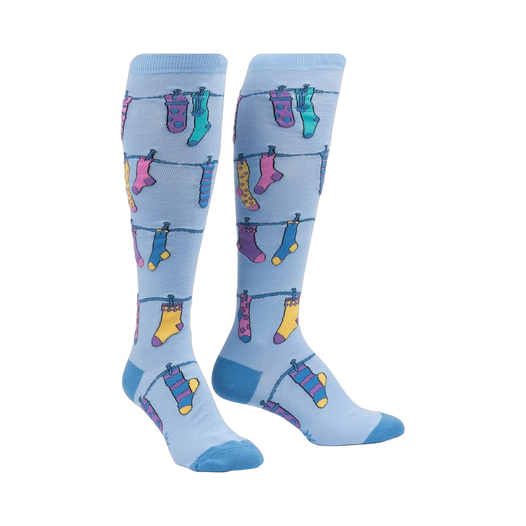 Flat lay product shot of a pair of Socks on Socks knee-high socks, highlighting the details of the fun socks-on-a-clothesline design.