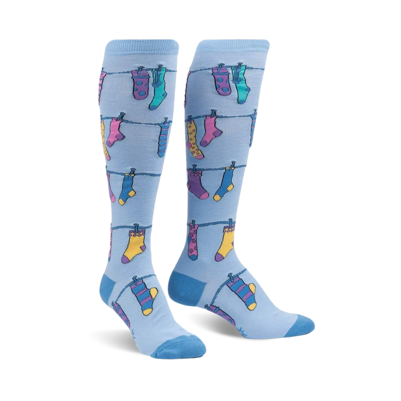 Pair of light blue knee-high socks with a pattern of colorful socks hanging on a clothesline. Fun and whimsical design.