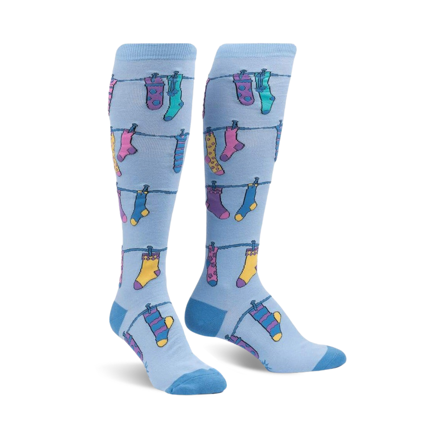 Pair of light blue knee-high socks with a pattern of colorful socks hanging on a clothesline. Fun and whimsical design.