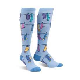 blue knee-high socks with multicolor socks on clothesline pattern for women   