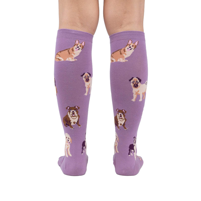 Back view of a person wearing the lavender purple knee-high socks. The dog illustrations are visible.