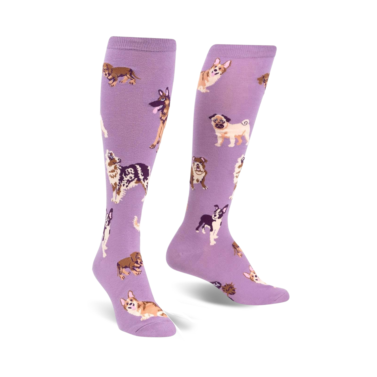 Pair of lavender purple knee-high socks featuring a pattern of various dog breeds in illustrated style.