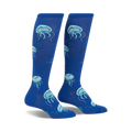 Pair of blue knee-high socks with a whimsical jellyfish pattern in teal and white.  A fun, quirky design.